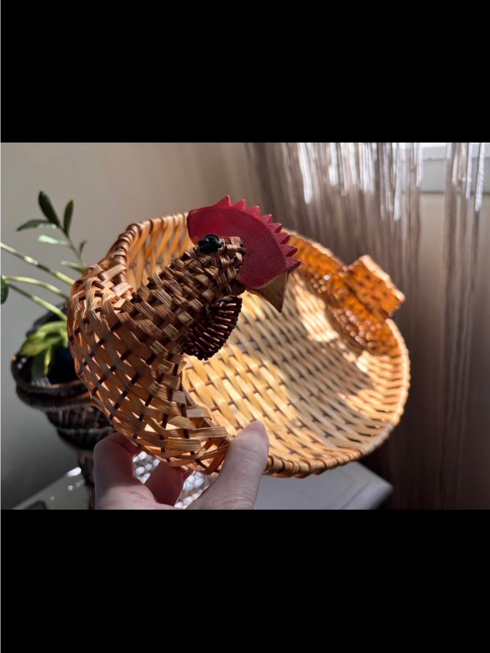 Woven Rooster Basket Bowl in Natural Brown with Red Accents